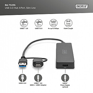 Hub USB 3.0/Koncentrator 4-portowy SlimLine USB A + adapter USB-C 5Gbps, złącze zasilania USB-C 