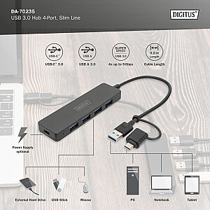 Hub USB 3.0/Koncentrator 4-portowy SlimLine USB A + adapter USB-C 5Gbps, złącze zasilania USB-C 