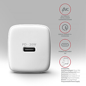 ACU-PD20W Ładowarka sieciowa PD 20W, 1x port USB-C, PD3.0/QC3.0/AFC/FCP/Apple Biała