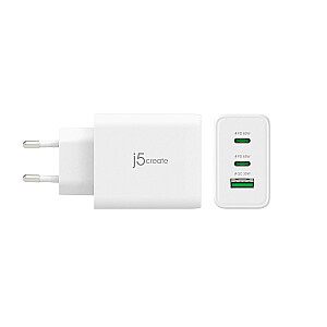 J5create 65 W GaN USB-C 3 portu lādētājs — EU (2xUSB-C, 1xUSB3.0; balts) JUP3365E-LV