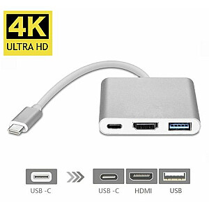 Fusion (3 in 1) USB-C Multiport Adapteris / USB 3.0 / HDMI / USB-C / Sudraba