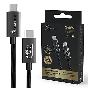 Кабель Extralink Smart Life USB Type-C — Type-C в оплетке Czarny | Кабель USB-C | 240 Вт, 40 Гбит/с, 200 см