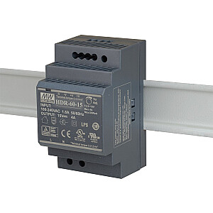 MEAN WELL HDR-60-15 SLĒDZES BAROŠANAS APGĀDE DIN RAIL 15V/60W/4A