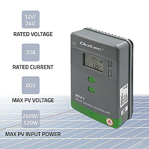 Solarny regulator ładowania MPPT z czujnikiem temperatury  20A | 12V / 24V | LCD | 2 x USB 