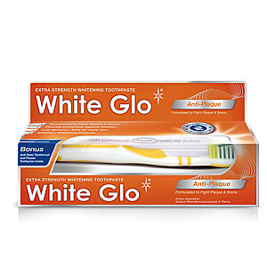 WHITE GLO SET Zobu pasta pret zobakmeni Anti-Plaque 100ml + zobu birste