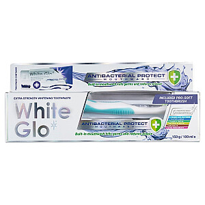 WHITE GLO SET Antibacterial Protect Whitening Toothpasta antibakteriāla zobu pasta 150g/100ml + zobu birste