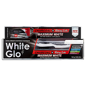 WHITE GLO SET Charcoal + Soda Maximum White balinanti dantų pasta 150g/100ml + Dantų šepetėlis