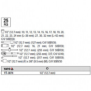 Instrumentu komplekts 1/2''  (25gab.) YT-38741 YATO