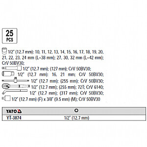 Набор инструментов 1/2 '' (25шт.) YT-38741 YATO