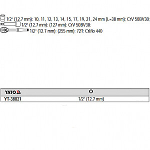 Instrumentu komplekts 1/2'' 10-24mm (12gab.) YT-38821 YATO