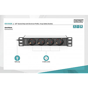 Pagarinātājs skapjiem 10" RACK 4xSchuko, 2m 1xUnischuko, 16A, alumīnijs