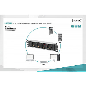 Pagarinātājs skapjiem 10" RACK 4xSchuko, 2m 1xUnischuko, 16A, alumīnijs