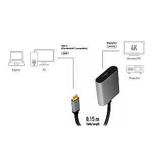 USB-C uz DP/F adapteris, 4K/60 Hz, alumīnijs, 0,15 m