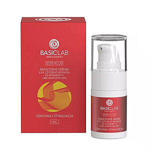 BASICLAB Esteticus emulsijas serums 0,5% tīra retinola, 4% C vitamīna, CBD, reģenerācijas un modelēšanas koenzīms Q10 15 ml