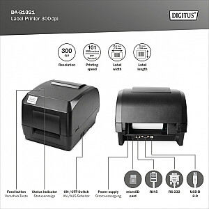 Galda uzlīmju printeris, termiskais printeris, 300 DPI, USB 2.0, RS-232, Ethernet