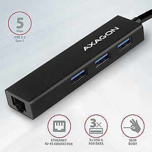 HMA-GL3A Multiport Hub, 3 USB-A + GLAN porti, USB3.2 Gen 1, metāls, 20 cm USB-A kabelis