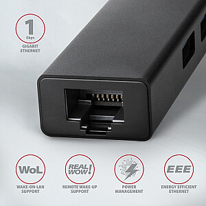 HMA-GL3A Multiport Hub, 3 USB-A + GLAN porti, USB3.2 Gen 1, metāls, 20 cm USB-A kabelis