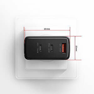 ACU-DPQ100 sienas lādētājs, GaN 100 W, 3 porti (USB-A + dubultā USB-C), PD3.0/QC4+/PPS/Apple, melns