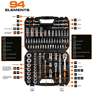 Uzgriežņu atslēgas 1/4", 1/2", CrV, komplekts 94 gab.