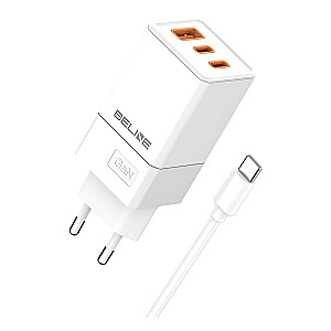 GaN sienas lādētājs, 65 W, 2x USB-C + USB-A + USB-C Balts