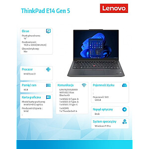 ThinkPad E14 G5 klēpjdators 21JK0083PB W11Pro i3-1315U/8GB/512GB/INT/14.0 WUXGA/Graphite Black/Premier atbalsts 1 gads + OS 3 gadi