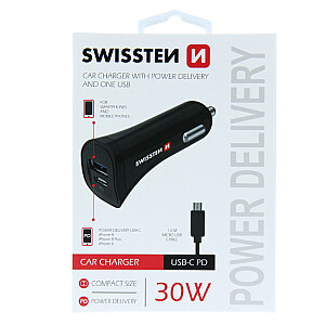 Swissten Power Delivery Auto Lādētājs 12 / 24V / 2.4A / 30W + Micro USB vads 1.5m