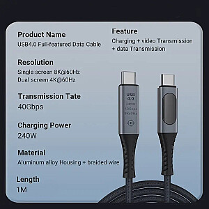 RoGer PD24VB USB-C 4.0 Kabelis ar voltmetru PD240W / 40Gbps / 8K60Hz / 1m