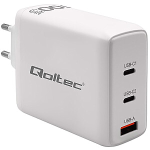 Qoltec 100W GaN sienas lādētājs | 5-20V | 1,5-5 A | 2 x USB-C PD | 1 x USB QC 3.0 | Balts