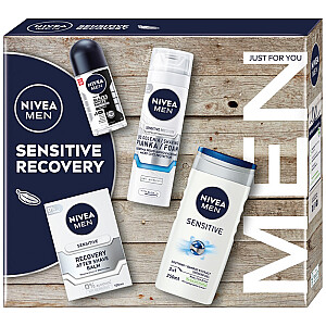 NIVEA SET Sensitive Recovery Collection dušo želė 250 ml + rutulinis antiperspirantas 50 ml + balzamas po skutimosi 100 ml + skutimosi putos 200 ml