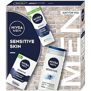 NIVEA SET dušas želeja Sensitive Skin 250ml + balzams pēc skūšanās 100ml + skūšanās putas 200ml