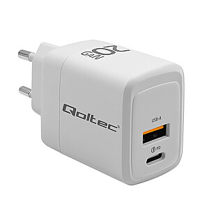 Ładowarka sieciowa 20W GaN | 5-20V | 1.5-3A | 1xUSB-C PD | 1xUSB QC 3.0 | Biała 