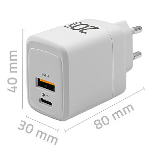 Сетевое зарядное устройство GaN мощностью 20 Вт | 5-20 В | 1,5-3А | 1xUSB-C ПД | 1xUSB QC 3.0 | Белый 