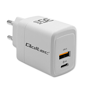 Ładowarka sieciowa 35W GaN | 5-20V | 1.5-3A | 1xUSB-C PD | 1xUSB QC 3.0 | Biała 