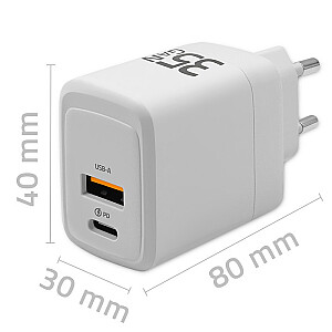 Сетевое зарядное устройство GaN мощностью 35 Вт | 5-20 В | 1,5-3А | 1xUSB-C ПД | 1xUSB QC 3.0 | Белый 