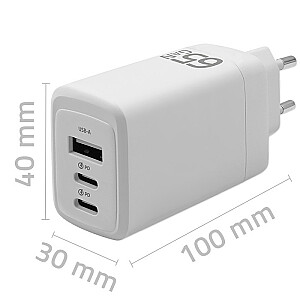 Сетевое зарядное устройство GaN мощностью 65 Вт | 5-20 В | 3-3,35 А | 2xUSB-C ПД | 1xUSBQC 3.0 | Белый 