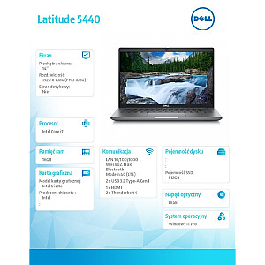 Ноутбук Latitude 5440 Win11Pro i7-1365U/16 ГБ/512 ГБ SSD/14.0 FHD/Встроенный/FgrPr и SmtCd/FHD/ИК-камера/Микрофон/LTE 4G+BT/Подсветка клавиатуры/3 ячейки/3YPS