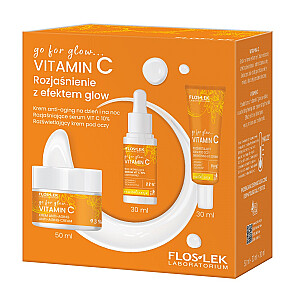 FLOSLEK SET Go For Glow Vitamin C Anti-senėjimo dieninis ir naktinis kremas 50ml + šviesinantis serumas Vit C 10% 30ml + Brightening paakių kremas 30ml