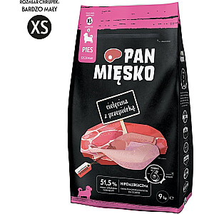 Pan Mięsko sausā barība suņiem teļa gaļa ar paipalu (kucēniem) kraukšķīga XS 9kg