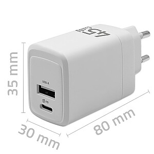 Зарядное устройство 45W GaN | 5-20В | 1.5-3A | 1xUSB-C PD | 1xUSB QC 3.0 | Белое