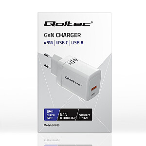 45W GaN galia įkroviklis | 5-20V | 1.5-3A | 1xUSB-C PD | 1xUSB QC 3.0 | Balta