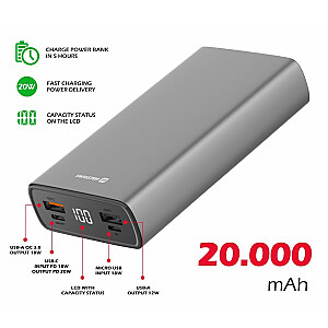 Swissten Aluminium Power Banka Ārējās Uzlādes Baterija 2xUSB / USB-C / Micro USB / 20W / 20000 mAh