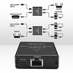 Splitter mini SWITCH 1x2 ports RJ45 | 1000Mbps | USB-C | Alumīnijs