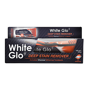 WHITE GLO SET Aktivā ogle dziļo traipu noņemšanas līdzeklis zobu paste 100ml + zobu birste