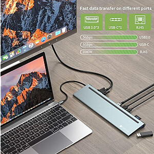 USB-C dokavimo stotis nešiojamam kompiuteriui HDMI/DP/VGA/USB-A/RJ45/SD/USB-C PD