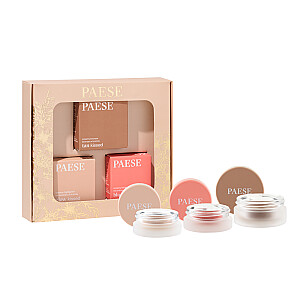 PAESE SET Kontūrējošais krēmveida sārtums 02 + krēmveida izgaismotājs 01 + krēmveida bronzers 02