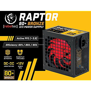 ATX barošanas avots RAPTOR 600W BRONZE 80+, vienas sliedes, DC-DC 