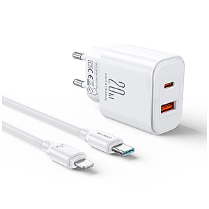 Joyroom JR-TCF05 20W USB-C | USB-A ātrgaitas divu portu sienas lādētājs - Balts + USB-C - Lightning 1m