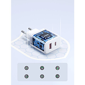 Joyroom JR-TCF05 20W USB-C | USB-A ātrgaitas divu portu sienas lādētājs - Balts + USB-C - Lightning 1m