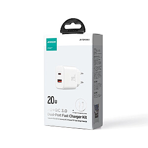 Joyroom JR-TCF05 20W USB-C | USB-A ātrgaitas divu portu sienas lādētājs - Balts + USB-C - Lightning 1m