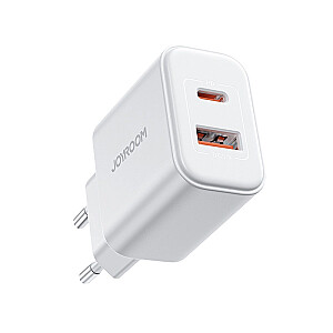 Joyroom JR-TCF05 20W USB-C | USB-A ātrgaitas divu portu sienas lādētājs - Balts + USB-C - Lightning 1m